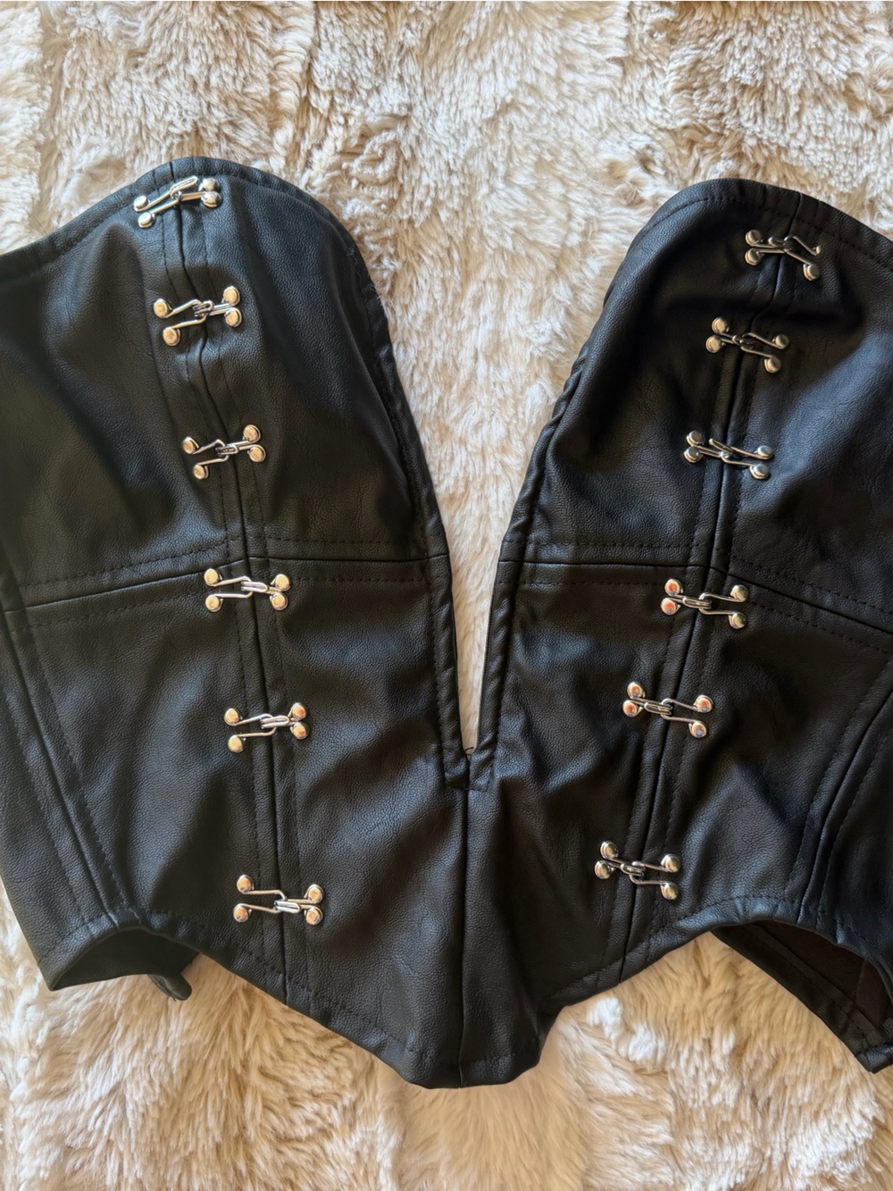 Fashion Nova Black Faux Leather Corset Mini Skirt with Silver Hooks